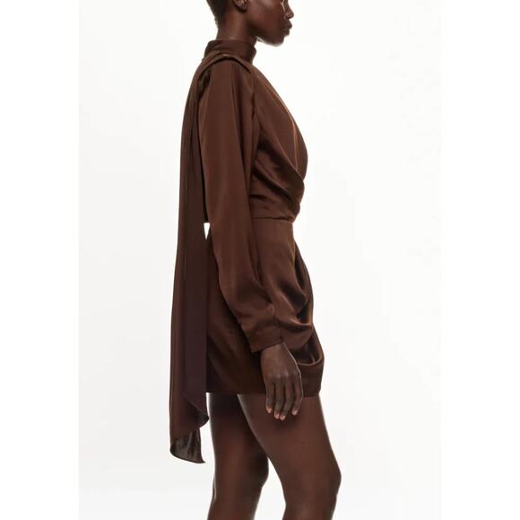 Ronny Kobo Brown Ruched Satin Mockneck Mini Dress XL Cocktail Chic Designer $600 - Picture 2 of 11